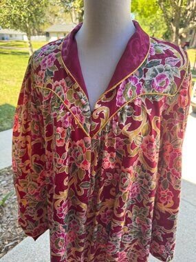 Christian Dior Loungewear Nightgown Kaftan Floral Satin Pockets Vintage Sz L